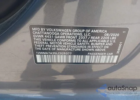 2020 Volkswagen Passat 2.0T R-Line z USA, uszkodzony, nr VIN 1VWMA7A35LC025377